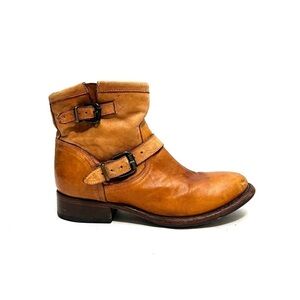 Vintage Y2K tan leather dual buckle pull on heeled ankle boots